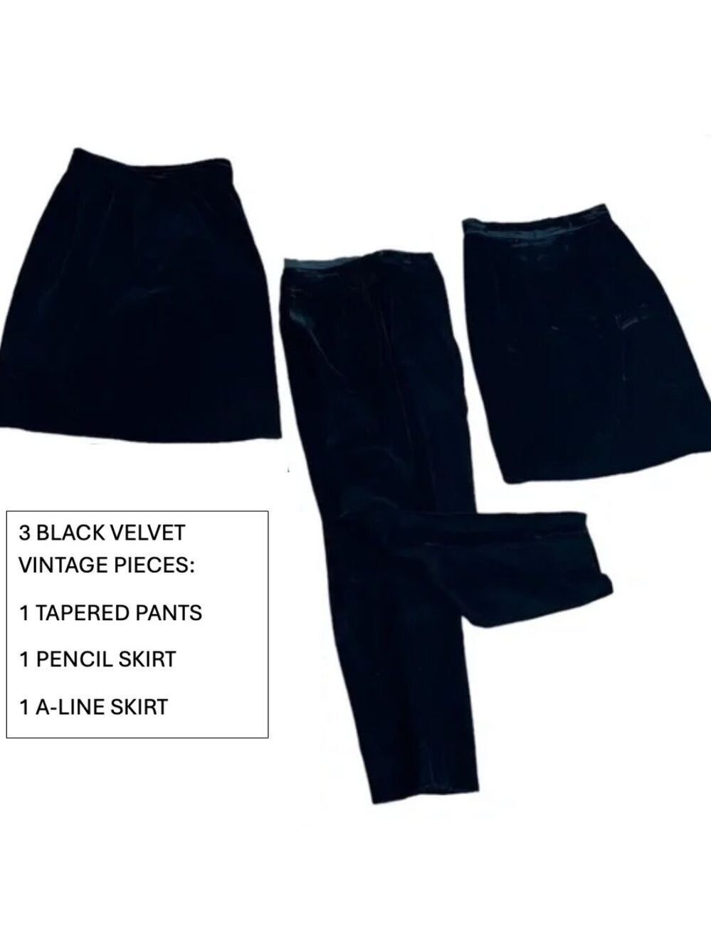 80s 3PC VELVET BLACK PENCIL SKIRTS & HIGH WAISTED PANT COLLECTION ALTHUSER & FIO